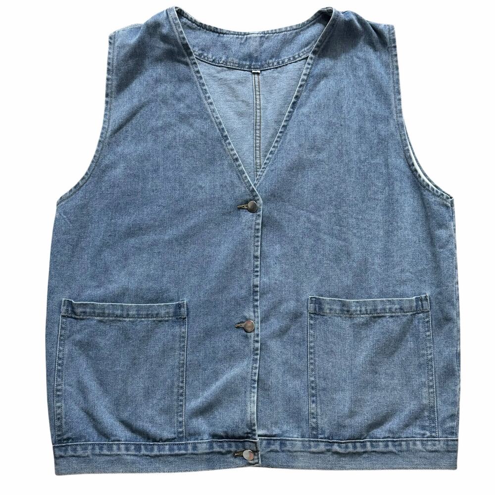 Denim Look Vest Rayon Utility Western Button Front Pockets Blue XL 90s Style